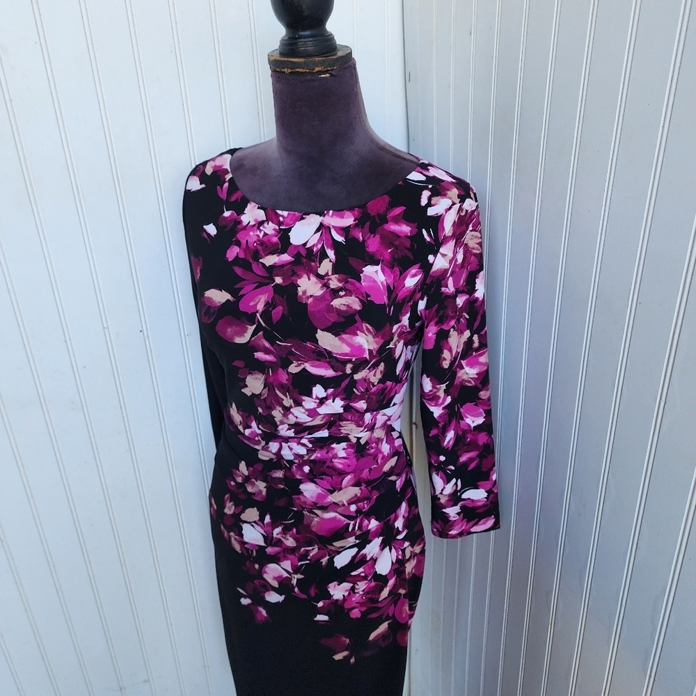 VTG Anne Klein Dress Ruched Black Pink Floral 3/4 Sleeves Stretch Womens Sz 2 - Picture 2 of 16